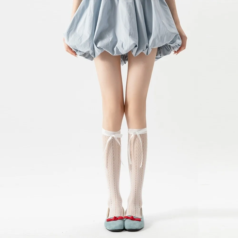 Fashion Hollow Lace Lace Calf Socks Bowknot Detail Breathable Fishnet Stockings Thin Sexy JK Long Stocking Daily Wear