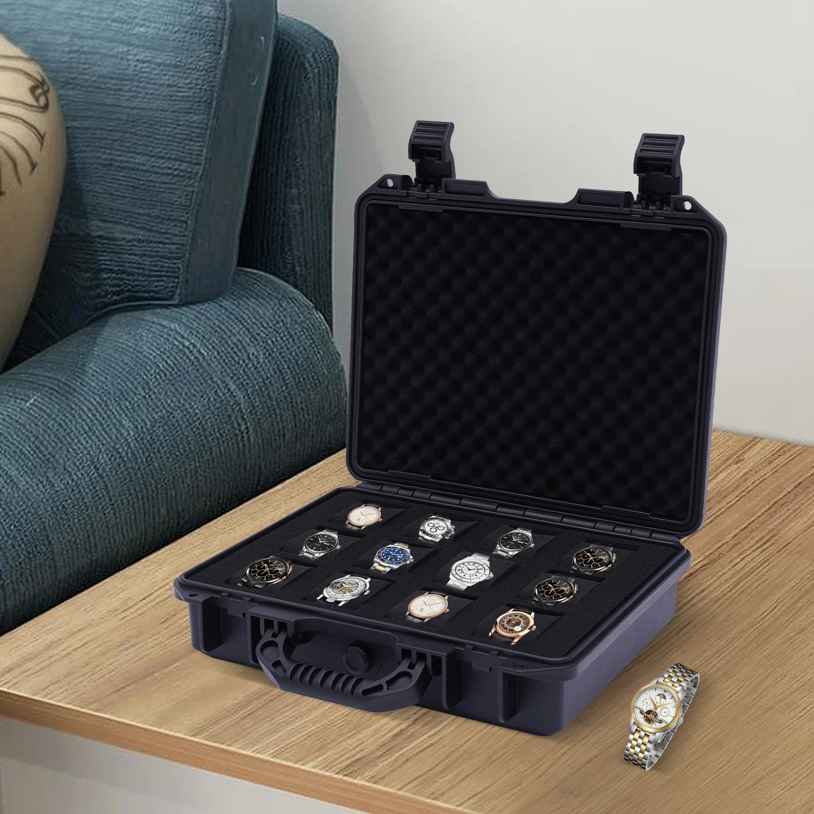 Watch Box, Plastic Watch Organizer with 12 Slots, Jewelry Storage Case with Soft Cushion Lining, Dustproof Display Container, Large Capacity Watch Storage Box for Men Women, Watches Collection Protection, Travel Home Use