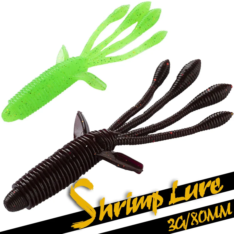 GOBYGO 10PCS/LOT 80MM/3G Four Legged Shrimp Soft Fake Baits Artificial Silicone Shrimp Fishing Lure Pike Bass Fishing Tackle