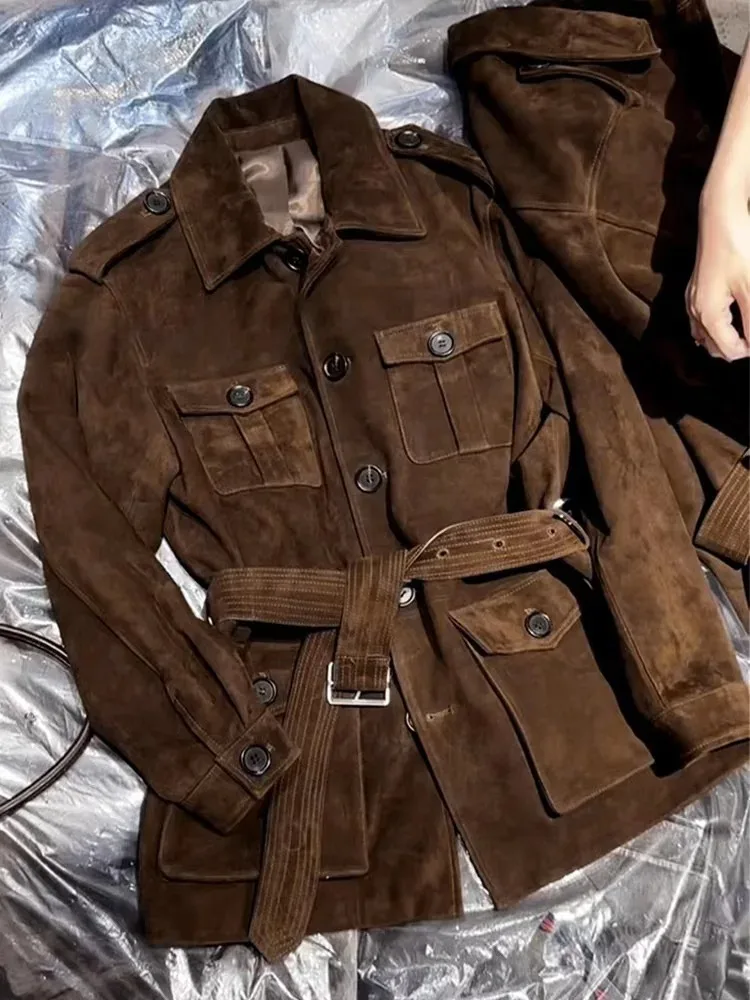 Giacca lunga in pelle scamosciata per bambini importata da donna retrò 2025 Giacca invernale in vera pelle retrò color cioccolato Cintura Midi Street