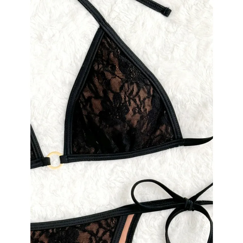 Preto renda string biquinis feminino maiô feminino banho de duas peças conjunto de biquíni cintura alta banhista natação senhora