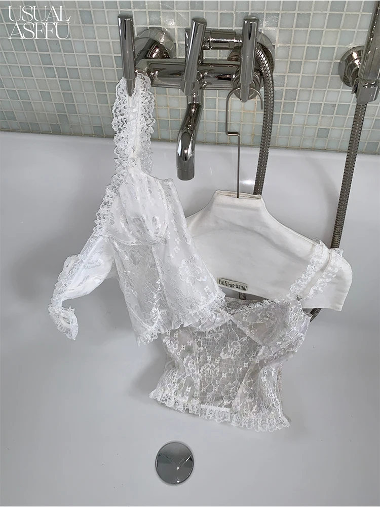 

Soft Lace FFU Women's Top 2026 New Sle No Fibone Double oulder Strap Hollow out Ribbed Crop Top for Underwear