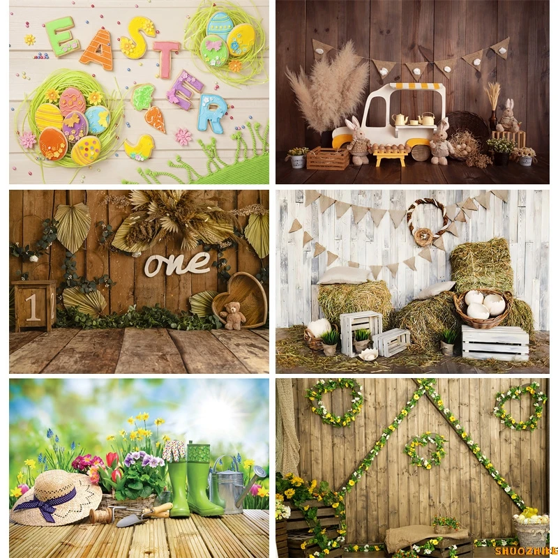 

SHUOZHIKE Green Spring Easter Day Photography Backdrops Props Hare Rabbits Colorful Eggs Wood Photo Studio Background FJ-02