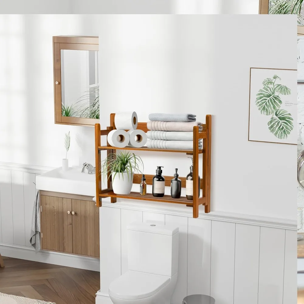 Rak Dinding Kayu Jati untuk Kamar Mandi, Rak Kayu Lipat, 2 Rak