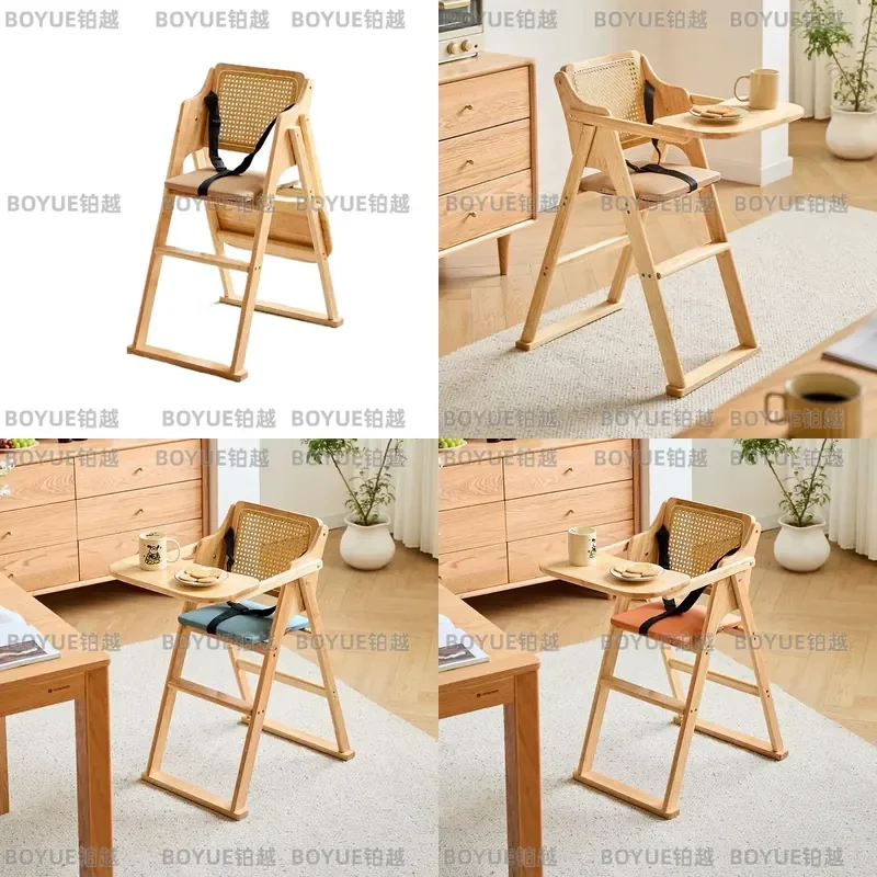 Foldable Kids Dining Chair Solid Rubber Wood Rattan Backrest Padded Seat Belt Adjustable Modern Toddler Feeding Seat