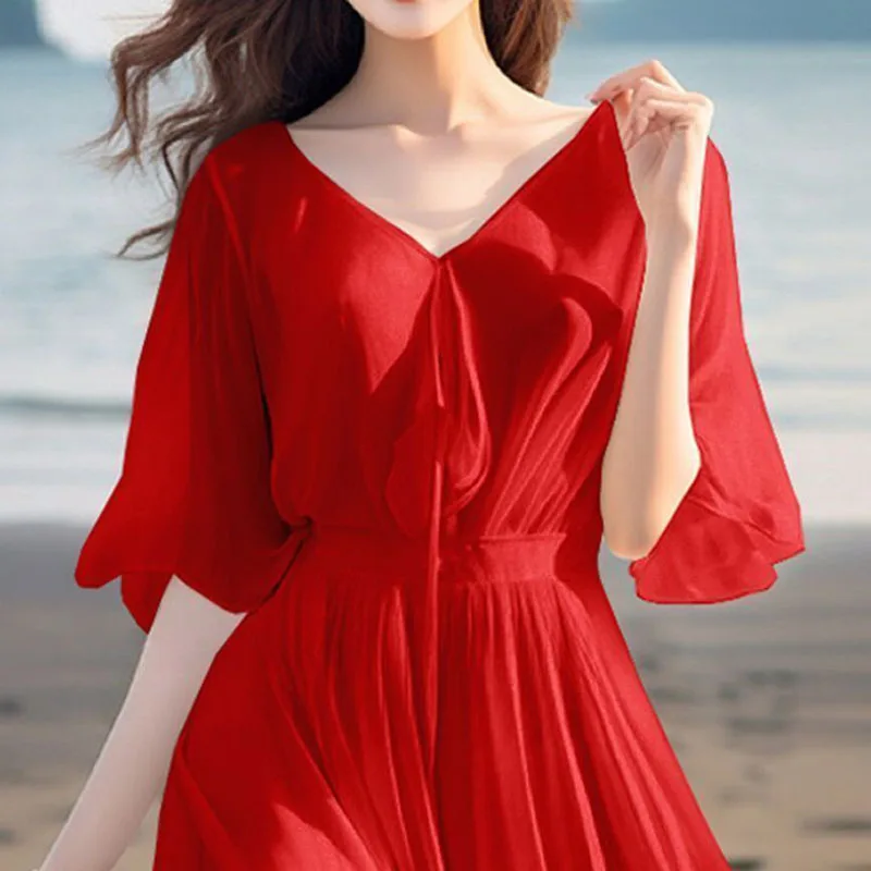 2025 New Summer Beach Dress Large Swing Chiffon Dresses Women Half Sleeve Seaside Vacation Slim Super Fairy Bohemian Long Dress