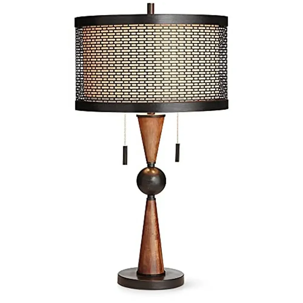 Farmhouse Industrial Table Lamp USB Charging Port Bronze Cherry Wood Double Drum Shade Hunter 29.75