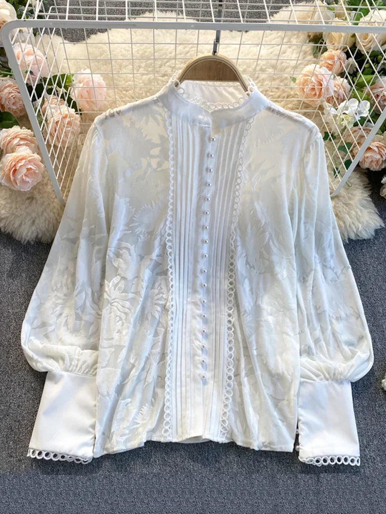 Spring Autumn New Ladies Shirt Beaded Retro Lantern Sleeve Loose and Versatile Temperament Bottoming Shirt UK812