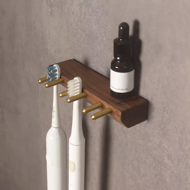 Wood Toothbrush Holder Storage Rack Household Toothbrush Organizer Sticky Wall-mounted Toothpaste Bathroom Accessories Shelf