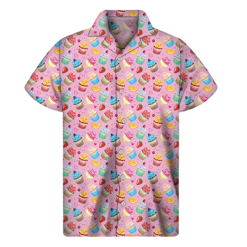 Cartoon Cupcake Graphic Hawaiian Shirts For Men 3D Print Food Lapel Shirt Summer Street Loose Tees Button Short Sleeves Blouse