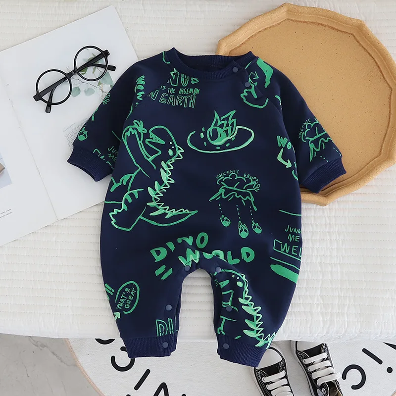 MILANCEL New Autumn Baby Girls Cartoon Dinosaur Toddler Cute Graffiti Letters Jumpsuit Infant Outwear One Piece