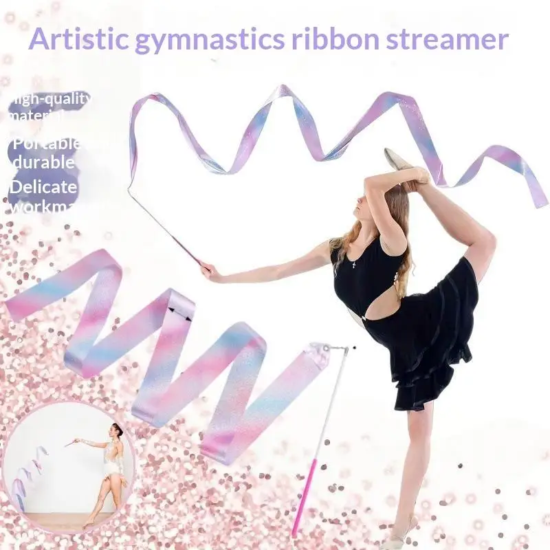 2Meter Art Dance Ribbon with Twirl Stick Flashing Glitter Gymnastics Ballet Streamer Stage Performance Prop Rhythmic Training