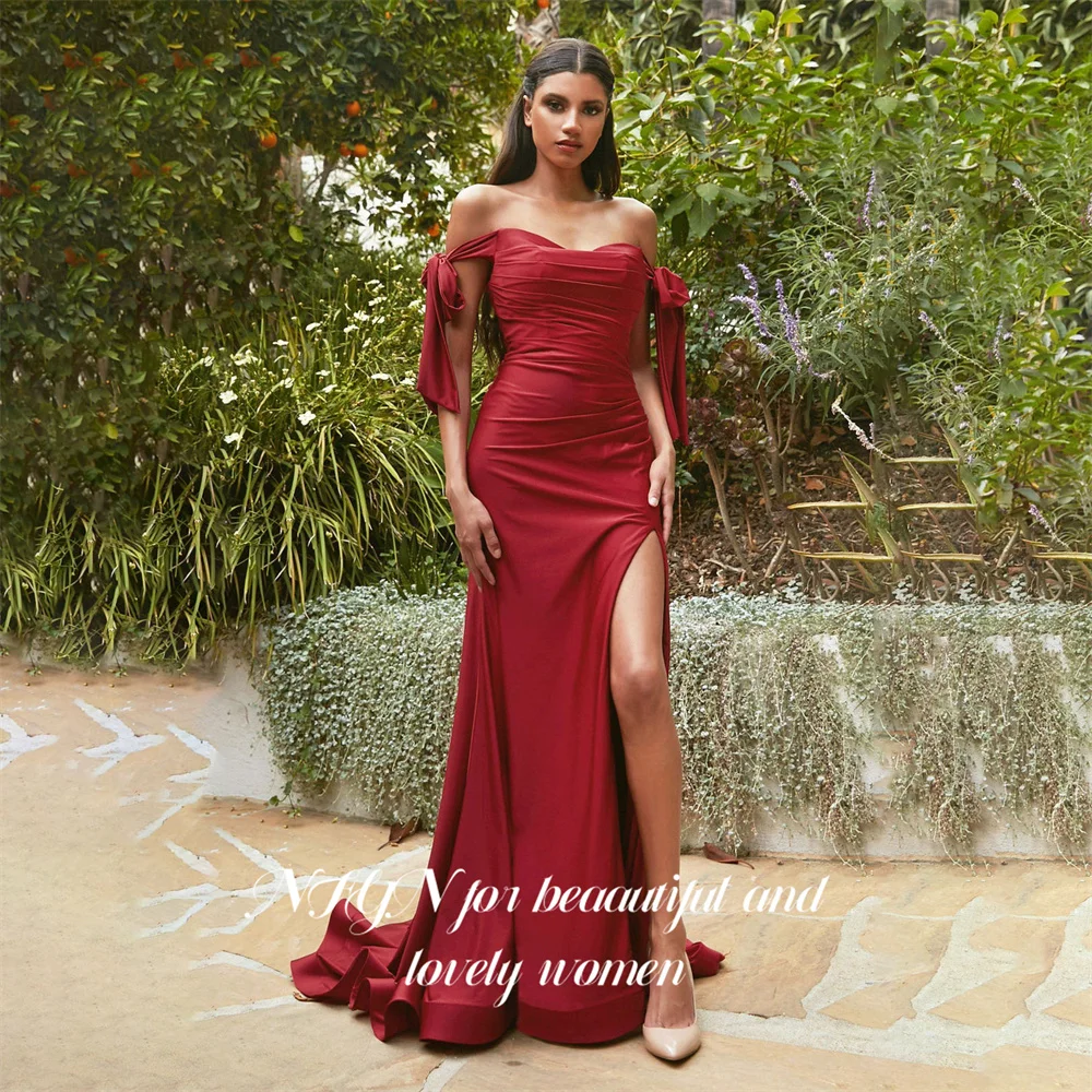 

NFYN Red Long Stain Formal Prom Dresses Mermaid Trumpet Off the Shoulder Pleat Evening Gown Dresses with Side Split Customized