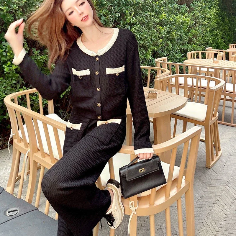 Korean Fashion O-neck Single-breasted Cardigan Women+wide Leg Pants Knitted 2 Piece Sets Womens Streetwear Loose Pant Suits N505