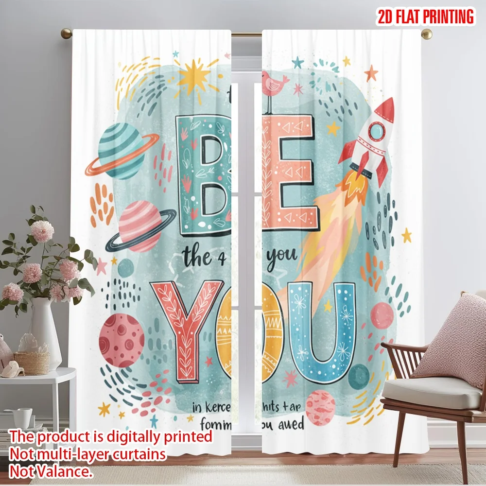 

2pcs 2D flat printing Window Curtains BE YOU SPACE ROCKET 100% Polyester Without Electricity Holiday Decorations for Holiday