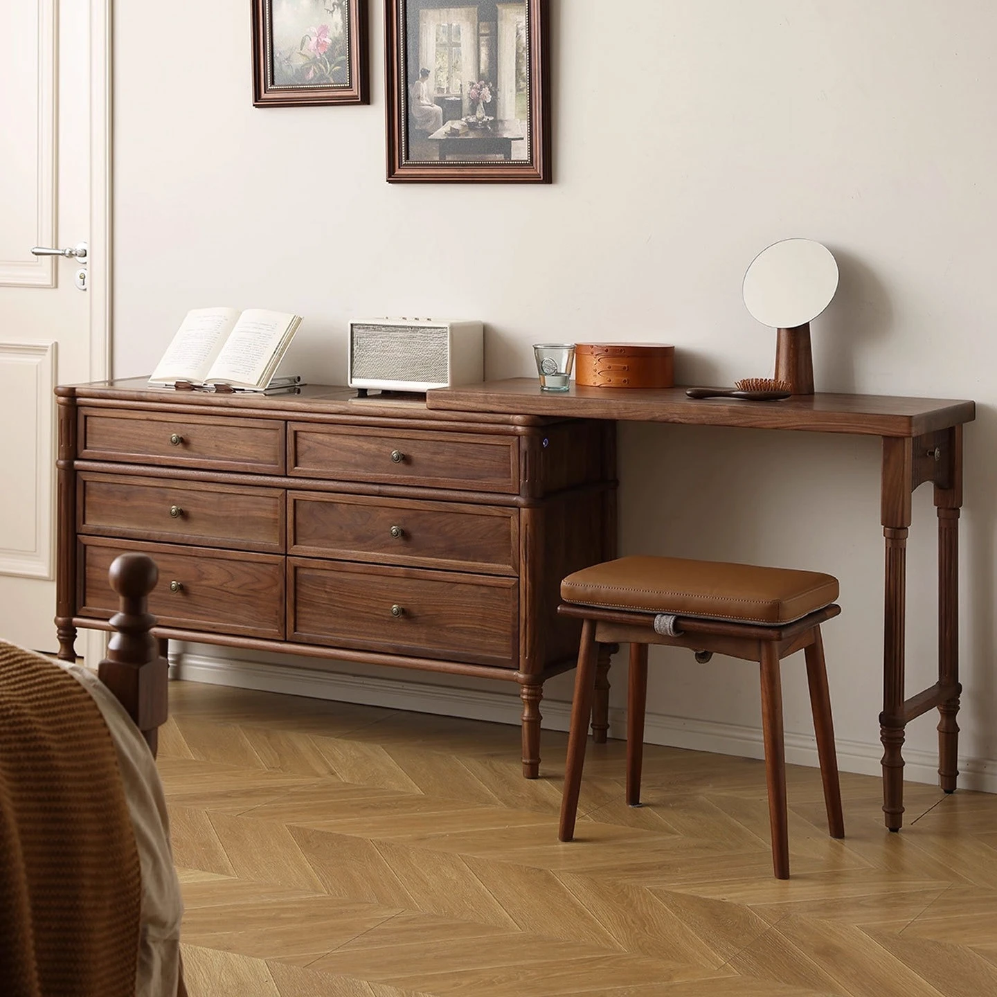 خزانة ملابس من خشب الجوز الأسود مدمجة، طاولة مكياج حديثة وبسيطة لغرفة النوم من الخشب الصلب الاسكندنافي بستة أدراج