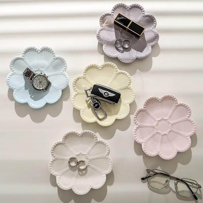 Roman Embossed Flower Ceramic Tray, Aesthetic Jewelry Dish, Creative Home Decor Organizer for Ring Key & Photo Prop Display
