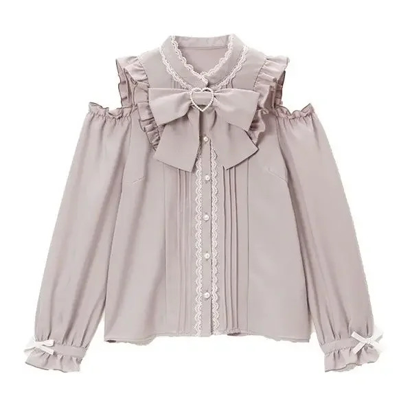 KOSAHIKI Sweet Lolita Elegant Blouses Spring Autumn Women Harajuku Lace Bow Long Sleeve Shirts Girly JK Kawaii Tops Blusas