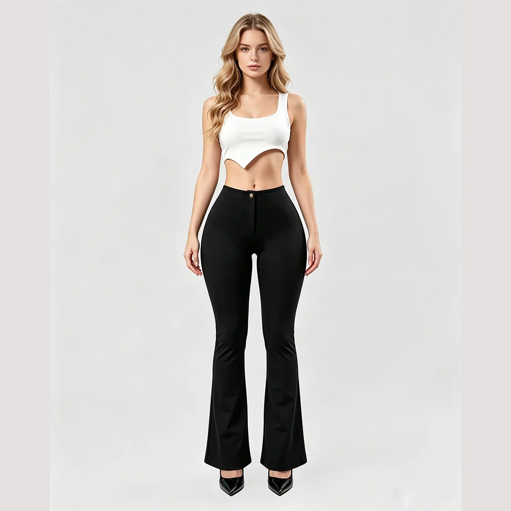 Women High Waist Button Flare Yoga Pants Stretch Butt Lifting Bootcut Leggings Slim Fitness Workout Casual Fashion Long Trousers