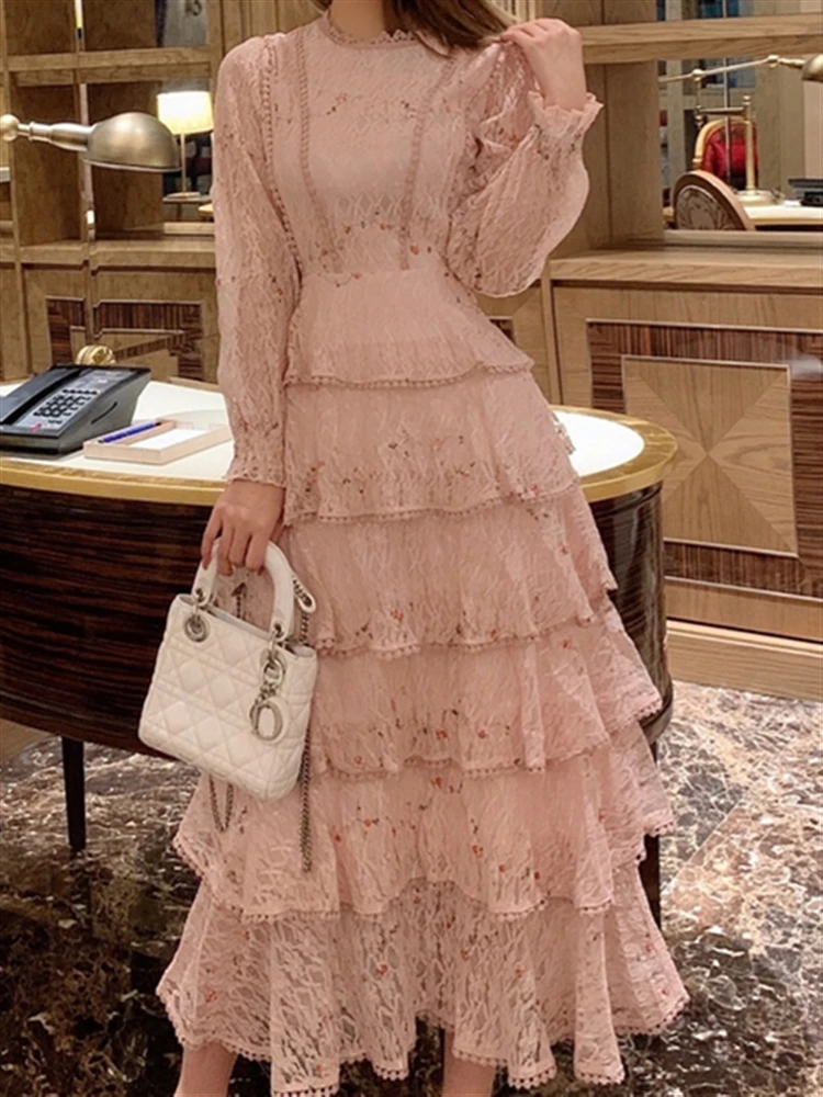 

Luxury Spring Elegant Embroidery High Waist 2022 Boho Solid Pink Dresses Women Lace Autumn Runway Woman Dress Party Long Sleeve