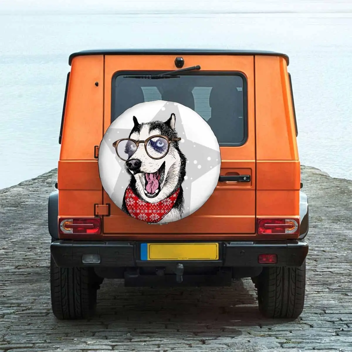 Husky Dog Spare Tire Cover Funny Husky Dog Wears Winter Christmas Bandana and Glasses Polyester Universal Wheel Tire Cover