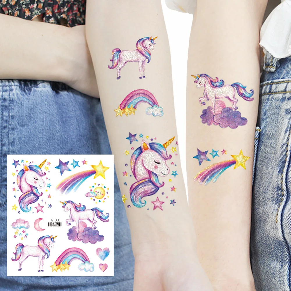 Einhorn-Meerjungfrau-Tattoo Buntes Glitzerpulver Wasserdichter Temporärer Aufkleber Niedliche Cartoon-Körperkunst Arm-Fake-Tattoos – Detail 5