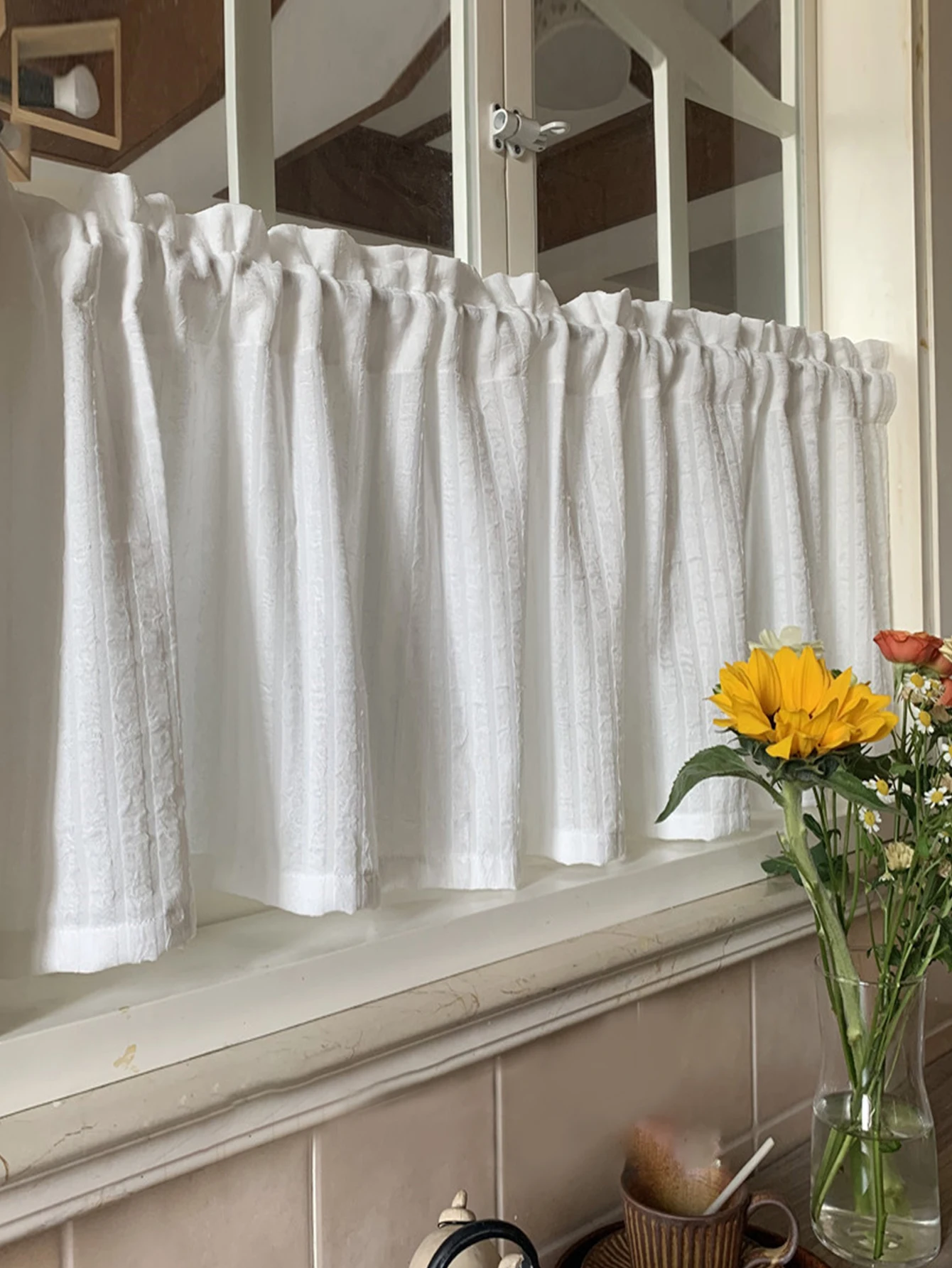 Nordic minimalist American style opaque white screen door curtain, half curtain, short curtain, window screen, floating window
