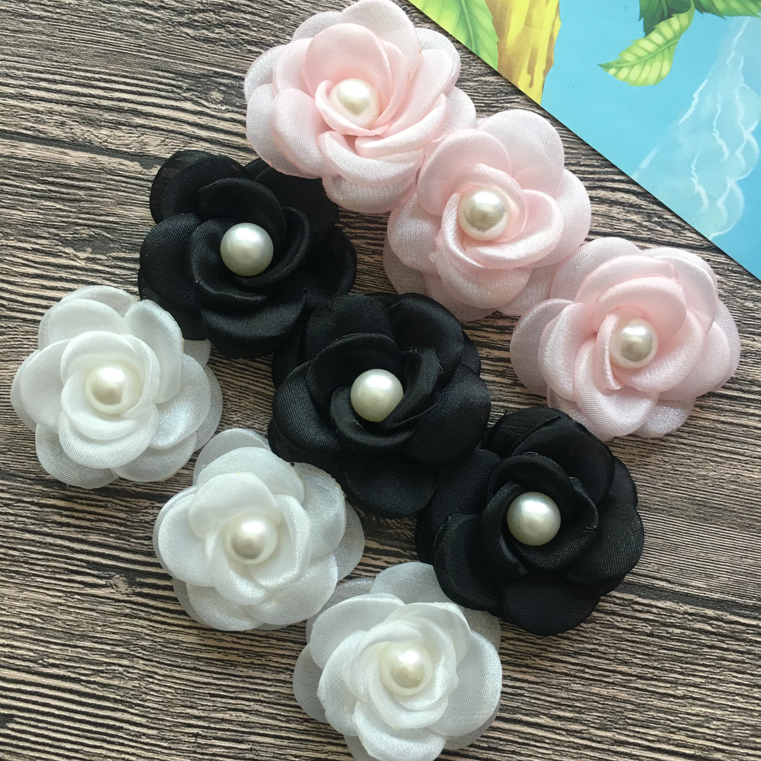 Burned Fabric Flowers With Pearl Center Flat Back Children DIY Accessories Organza Rosette For Hats Shoes Garment Wedding