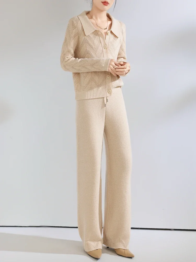 Women Sweater Suit Cardigan Pants 100% Merino Wool Autumn Winter Sweater Warm Lapel Cardigan Straight Pants Set Commuting Series
