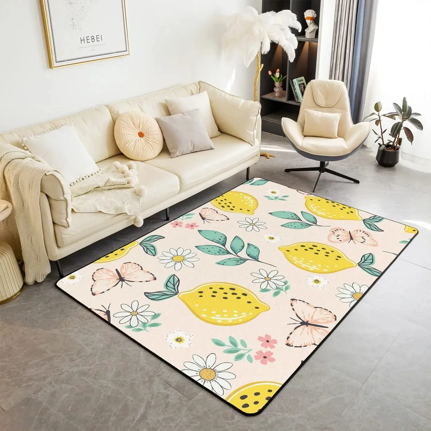 Yellow Lemon Fruit Area Rug for Bathroom Living Room Patio Sweet Fruits Theme Carpet Non Slip Tropical Pastoral Style Floor Mat