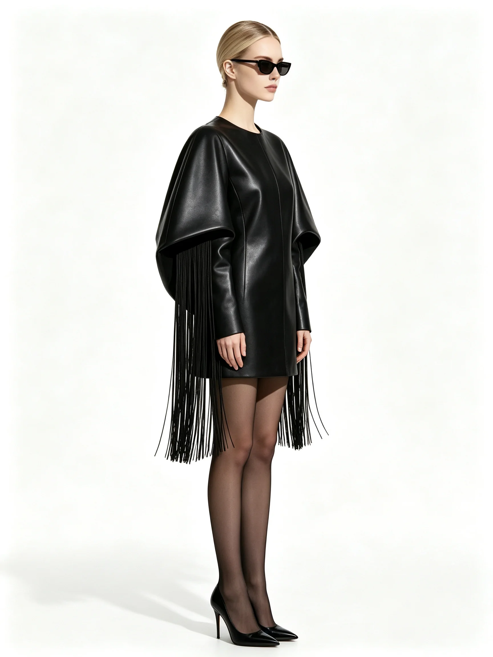 Women's Faux Leather Mini Dress with Exaggerated Cape Sleeves and Long Fringe Detail