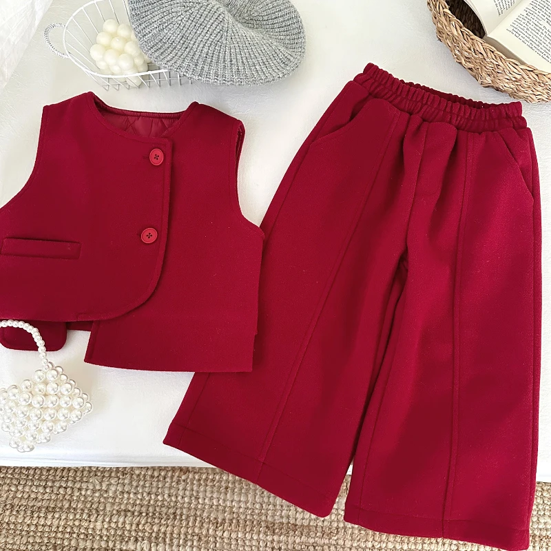 Girl's Suit Winter New Korean Girl's Small Fragrance Beautiful Solid Color Vest + Trousers Two-piece Set  Girl Clothes