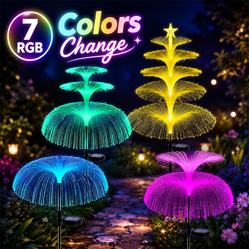 Solar Garden Jellyfish Fiber Optic Light, 1/2/3 Layer and 5 Layer Star, 7 Colors Changing, IP65 Rating, Patio Path Decor Lamp