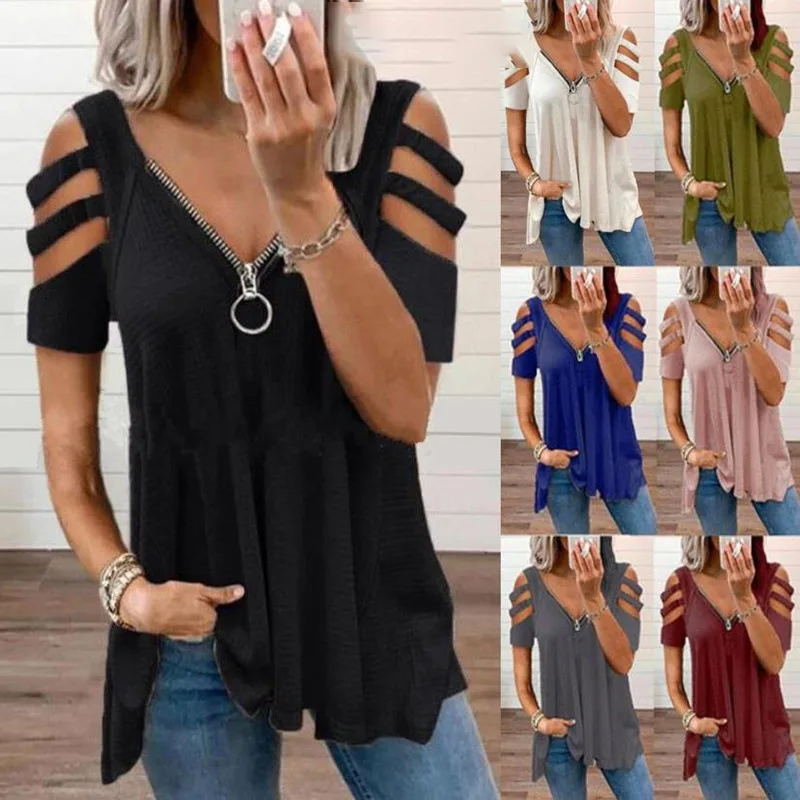 

2025 European and American Off-shoulder Short-sleeved V-neck Zipper Solid Color T-shirt Top Women