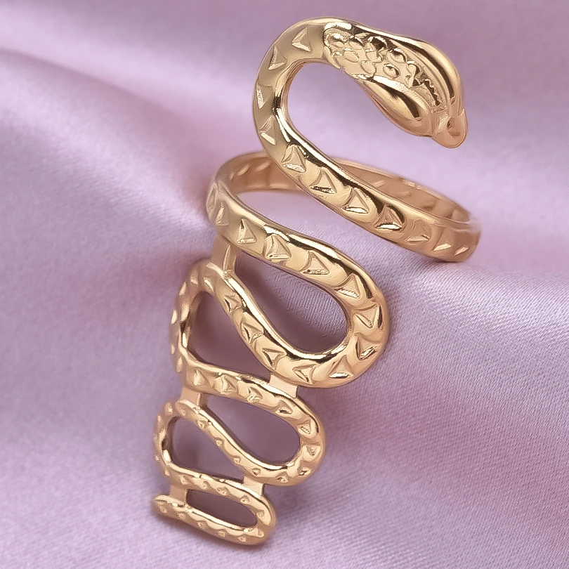 Long Winding Snake Ring Stainless Steel Rings For Women Men Accessories Real Gold Plated Animal Finger Jewelry Bague Femme Gift