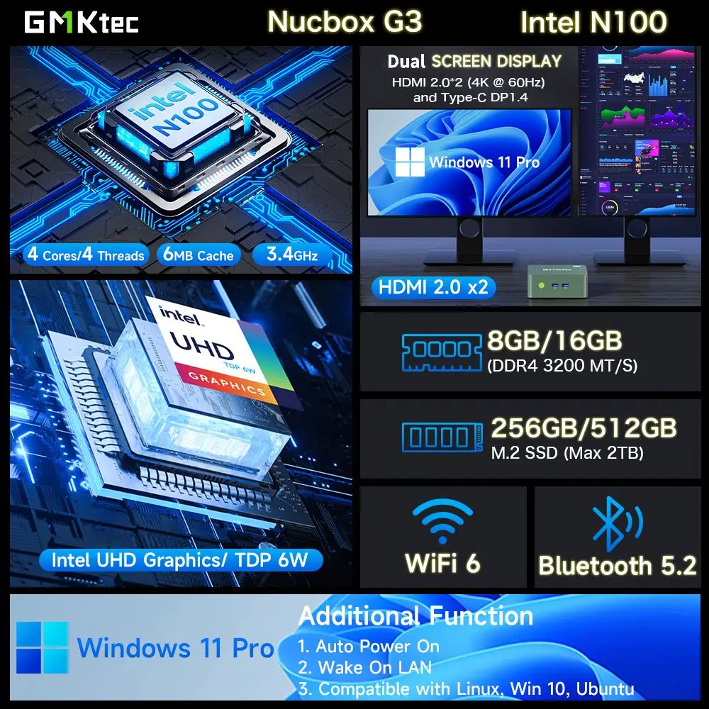 GMKtec G3ミニPC Intel Alder Lake N100搭載 Windows 11 ProミニPC 8
