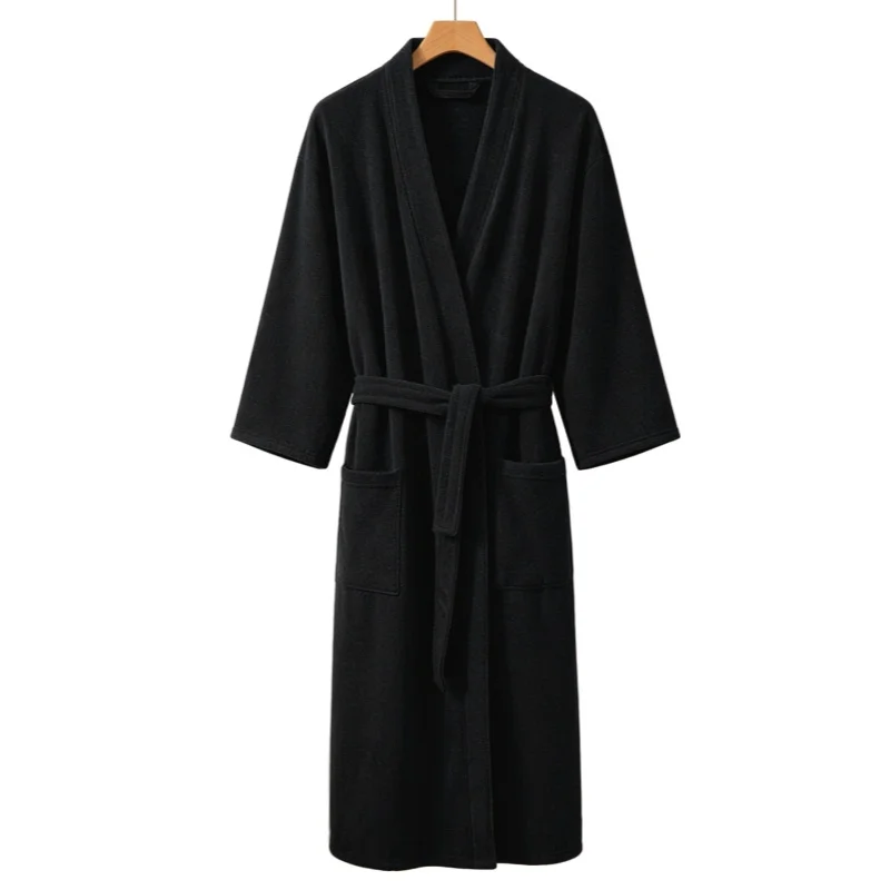 Mens Lightweight Terry Cloth Robe Quick Dry V Neck 3/4 Sleeve Bathrobe with Adjustable Belt for Hotel Spa Summer Loungewear