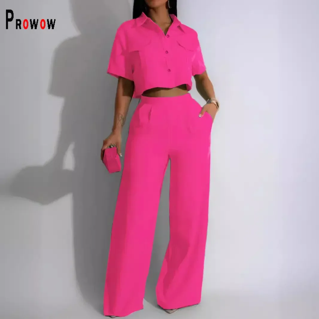 

Prowow Fashion Two Piece Women Clothing Set Cropeed Tops High Waist Wide Leg Pant Summer Female Streetwear Suits Solid Color