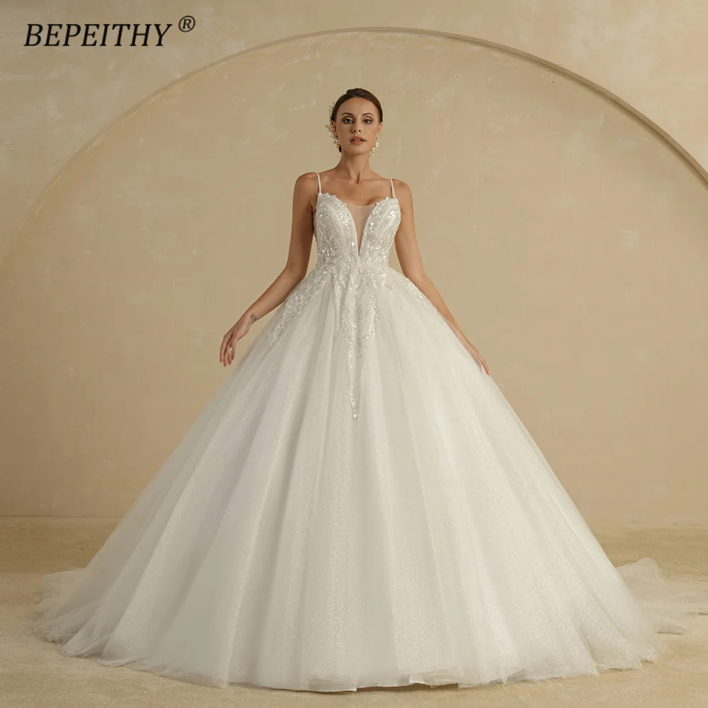 BEPEITHY Customized Luxury Wedding Dresses For Women Spaghetti Straps V Neck Court Train Glitter Bride Beading Bridal Ball Gown