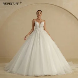 BEPEITHY Customized Luxury Wedding Dresses For Women Spaghetti Straps V Neck Court Train Glitter Bride Beading Bridal Ball Gown