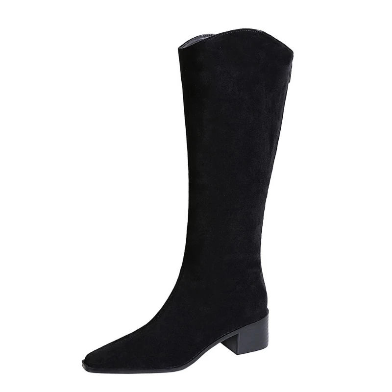 European American Style Banquet High Boots Suede Mid-Heel Thick Heel Fashionable Simple And Versatile High Boots Knight Boots
