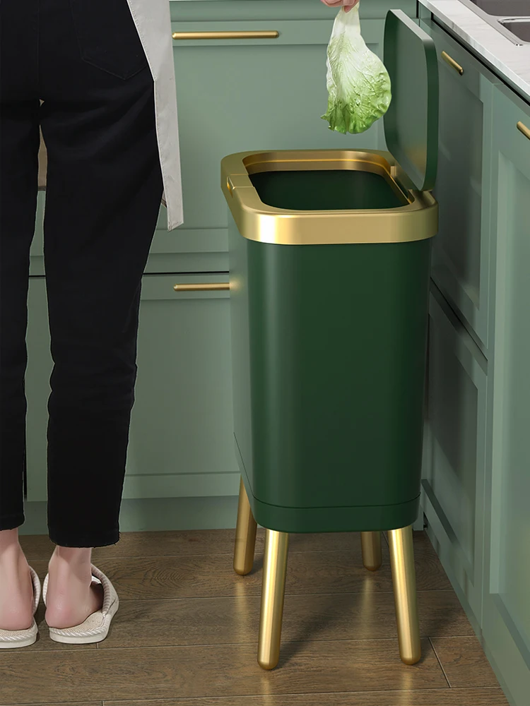 Luxury Golden Trash Can Creative Quadruped High-foot Push-type Plastic Narrow Garbage Bin with Lid for Home Kitchen Bathroom 15L