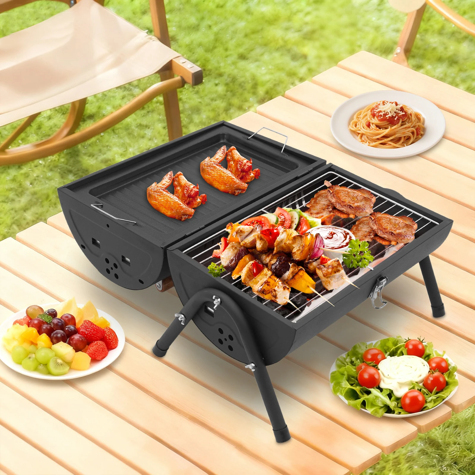 

Outdoor Charcoal Grill, Portable Barbecue Tool with 2 Cooking Grids and Detachable Ash Pan for Outdoor BBQ Cooking