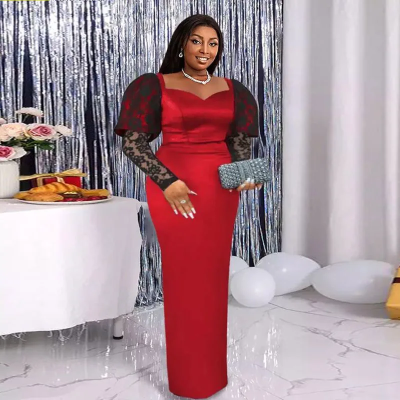 

African Women Red Evening Gowns Aso Ebi Floor Length Formal Party Dress Robe Black Lace Sheer Long Sleeves Sheath Prom Dresses