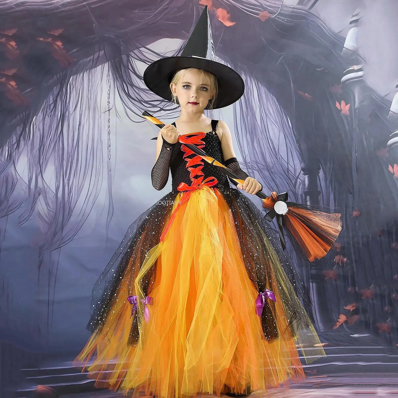 

Children Tulle Fancy Cosplay Witch Dress Halloween Witch Cosplay Costume For Kids Girls Princess Dresses Party Outfit Clothes