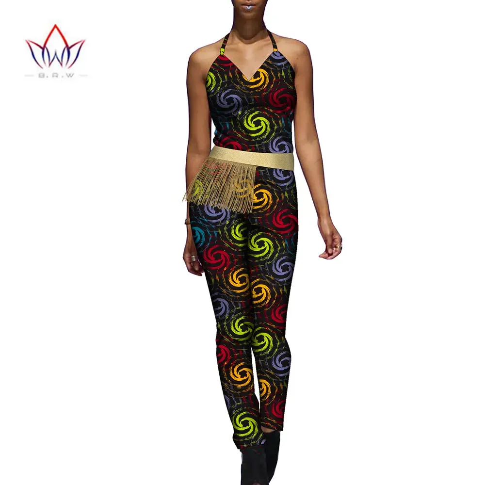 

Bintarealwax African Jumpsuit for Women Wax Print Cotton Strap Jumpsuits Sexy High Waist Long Pants Summer Party Club WY10421