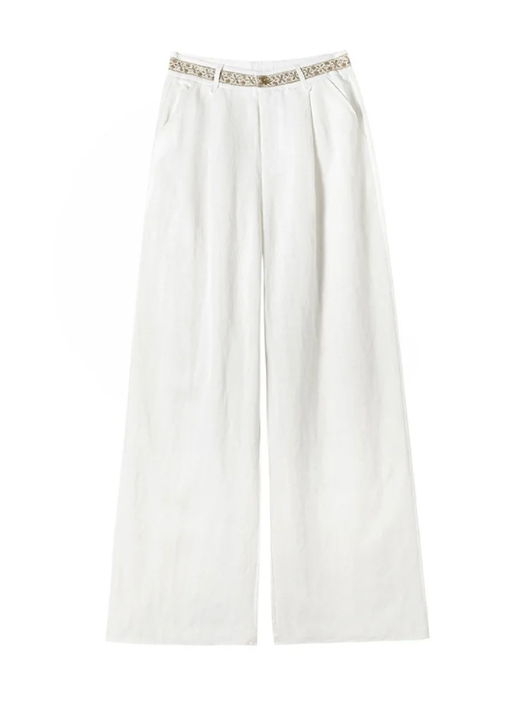 Pantalon léger en coton et lin pour femmes, jambes larges, ample, drapé, coréen, taille haute, coupe droite, été