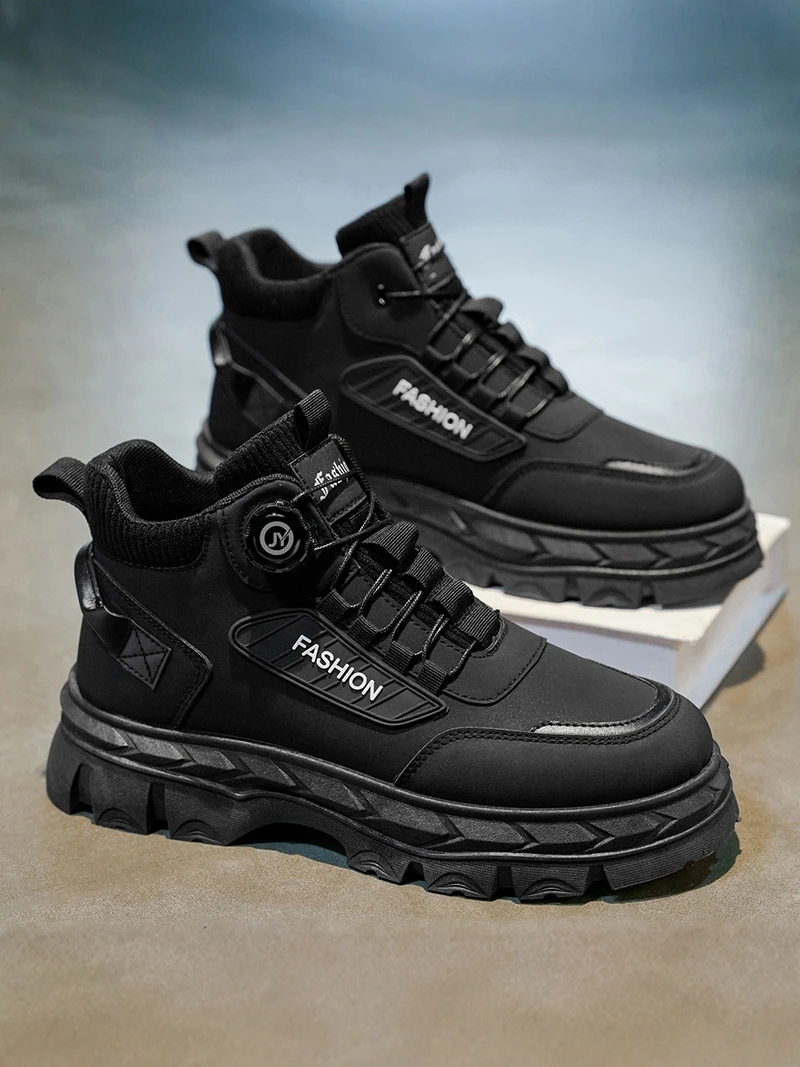 

Men's Work Shoes Casual Sports Black Boots Anti-Slip Wear-Resistant Thick Bottom Cotton Lined Rubber Soled Office Shoes