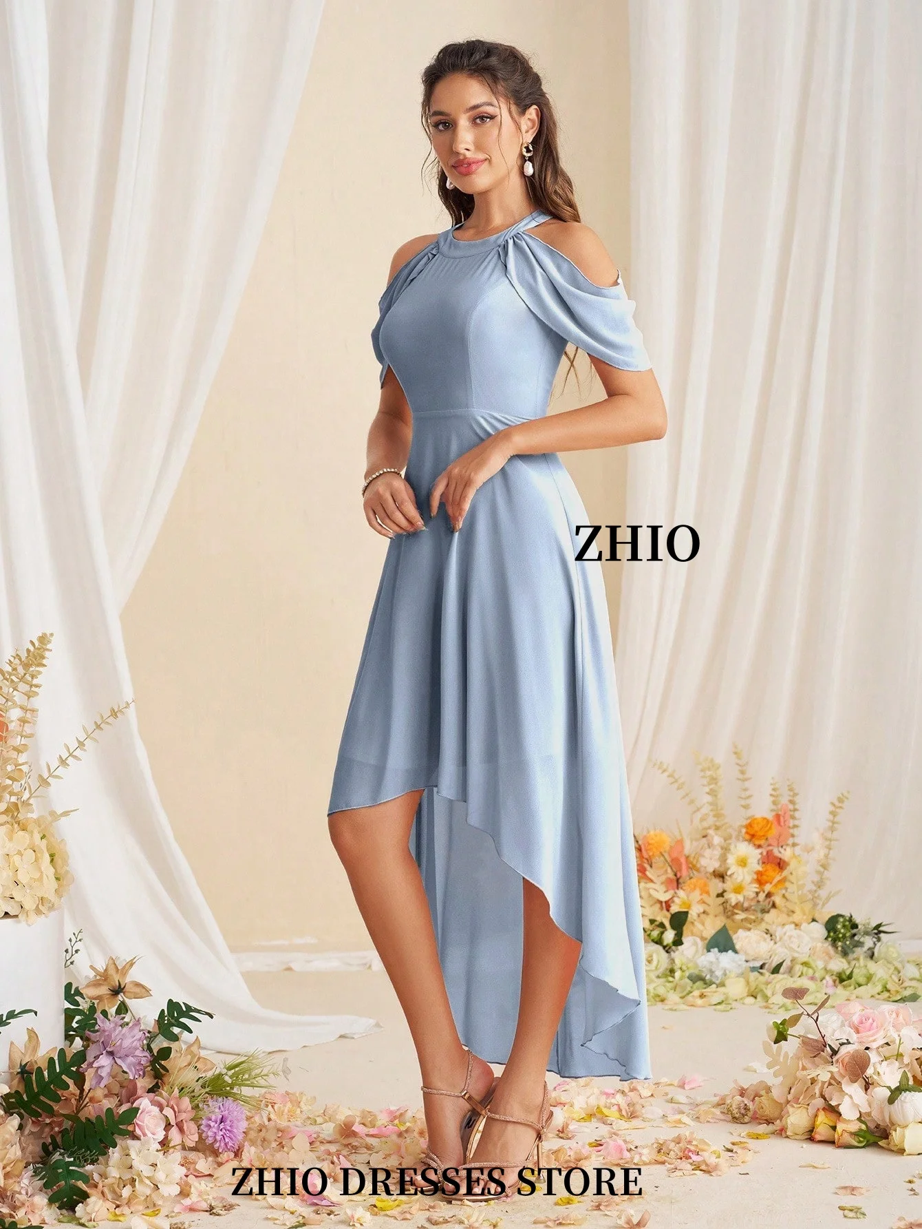 ZHIO Elegant Halter คอไม่สมมาตรชุดเจ้าสาว A-Line ค็อกเทลวันเกิดชุดราตรีที่กําหนดเอง