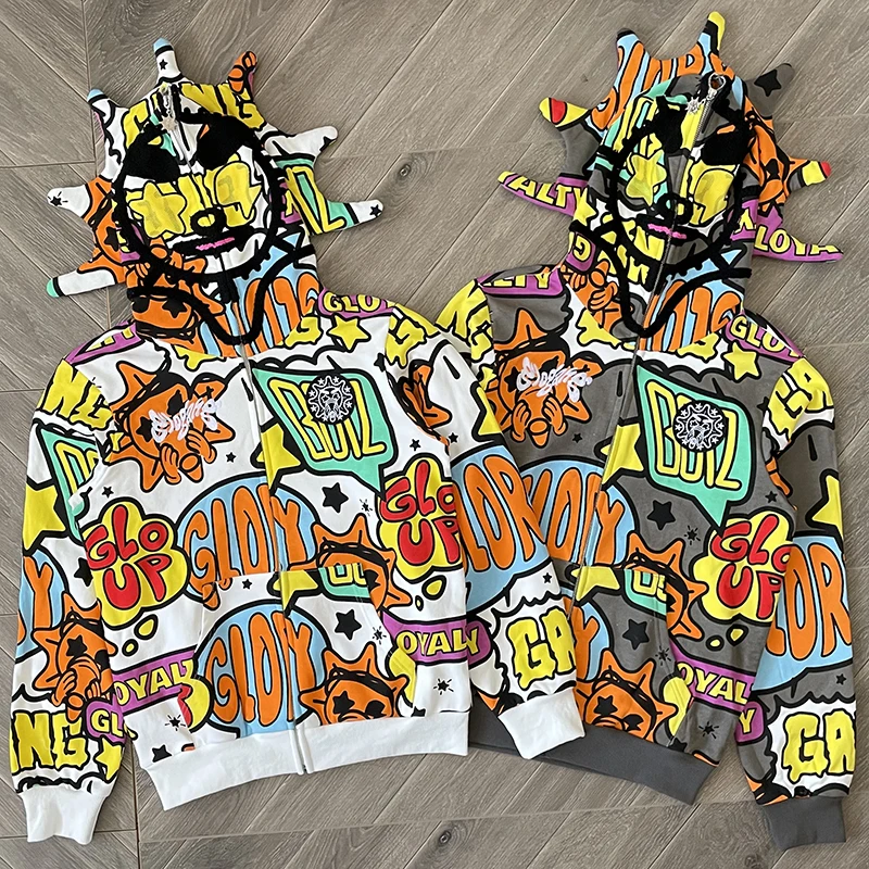 High Qulity Glo Gang Full Zip Sweatshirts Couples Street Hip Hop Full Screen Print Drink Cartoon Women Man Hoodies